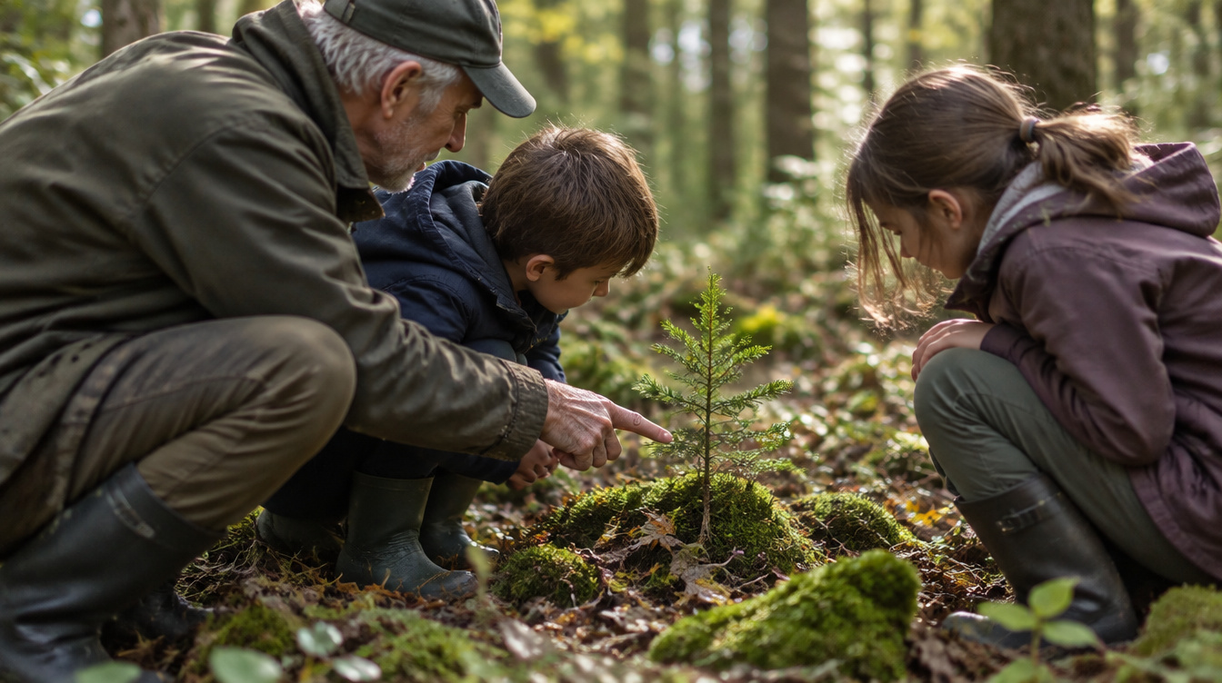 Ältere Person zeigt Kindern einen jungen Baum